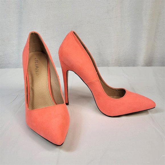Liliana Neon Coral Faux Suede Single Sole Pointy Toe Pump 5" Heel Shoe - Picture 2 of 9